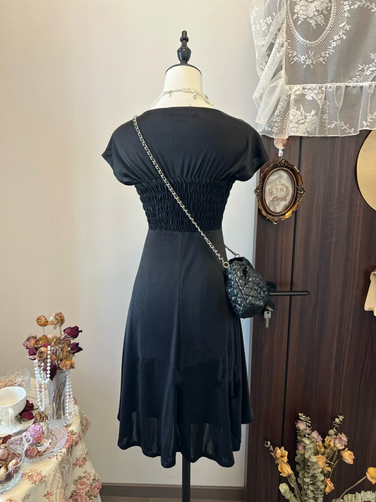 Black short-sleeved bow-neck design high-waisted slim-fitting short skirt homecoming dress R4247