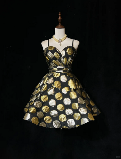 Black background circular pattern suspender waist puffy A-line skirt short skirt homecoming dress R4938