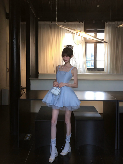 Light blue suspender satin waist slim fit princess skirt homecoming dress R5060