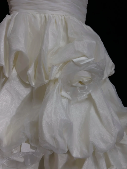 White one-shoulder design tube top waist pleated cake skirt short skirt homecoming dress R4979
