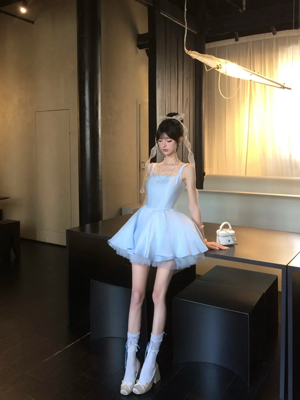 Light blue suspender satin waist slim fit princess skirt homecoming dress R5060