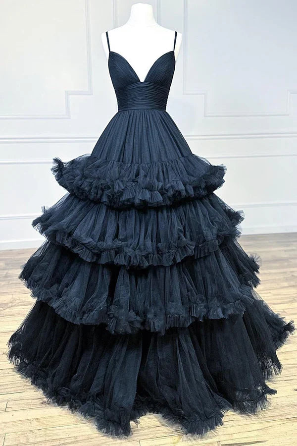 omberprom Elegant A-line Evening Dress V-Neck Tulle Prom Dress with Tiered Ruffles