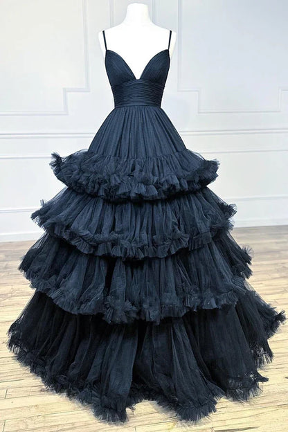 omberprom Elegant A-line Evening Dress V-Neck Tulle Prom Dress with Tiered Ruffles