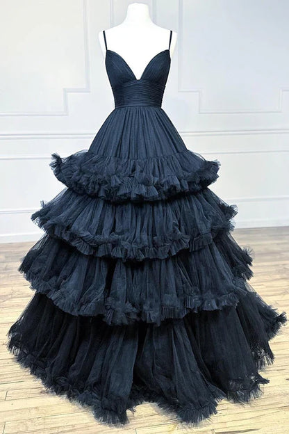 omberprom Elegant A-line Evening Dress V-Neck Tulle Prom Dress with Tiered Ruffles