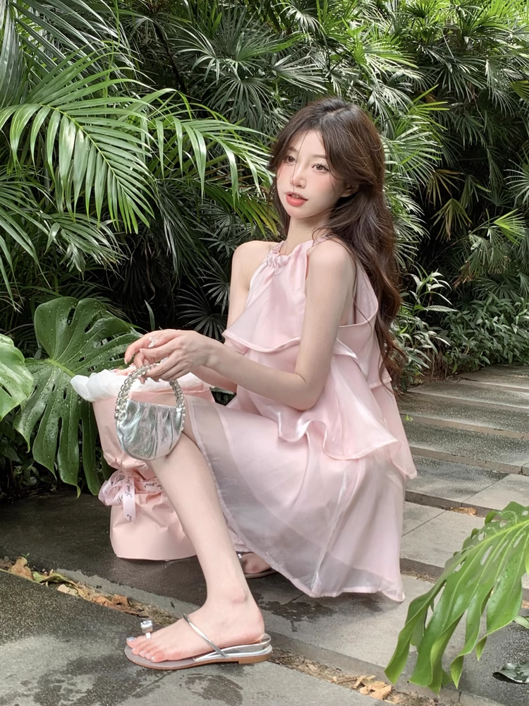 Stylish Pink Patchwork Ruffled Sleeveless Seaside Holiday Halter Dress TP2986