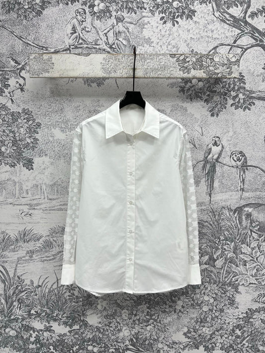 LV 25 Splicing Perspective Jacquard Monogram Sleeve Shirt White Cotton
