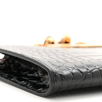 Calfskin Crocodile Embossed Knuckle Flat Clutch Black Gold