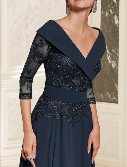 omberprom A-Line Mother of the Bride Dress Wedding Guest Elegant Sweetheart Ankle Length Chiffon 3/4 Length Sleeve with Lace
