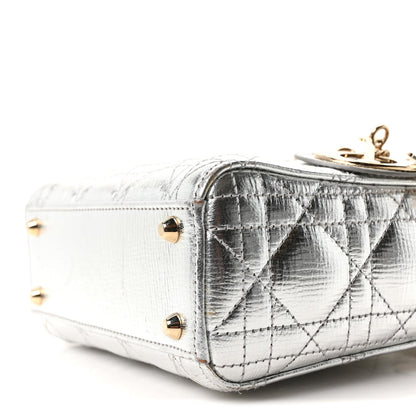 Metallic Grained Calfskin Cannage Mini Lady Dior Silver