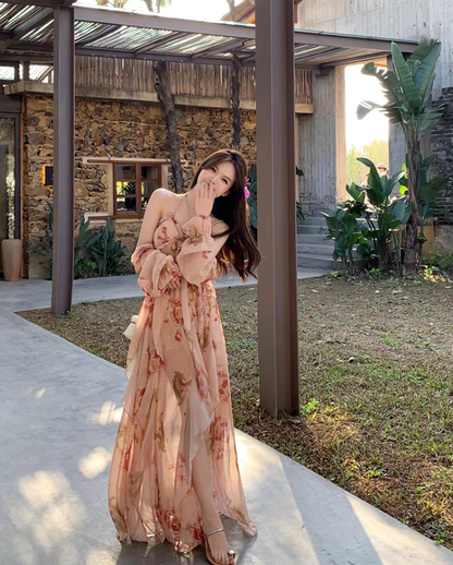 Fairy French floral suspender long dress beautiful holiday style v-neck wear backless dress R1754
