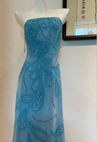 Gorgeous Blue A-line Strapless Beaded Chiffon Long Prom Dress Evening Dress P4274