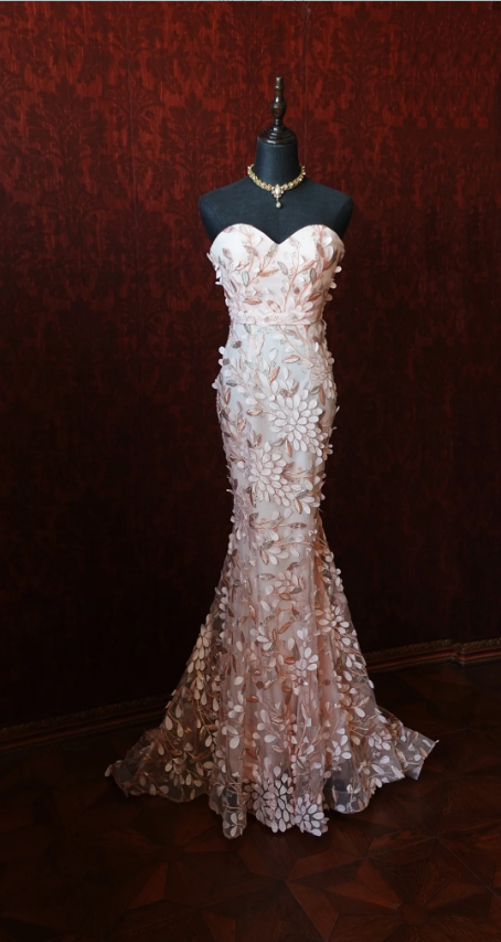 Sweet Pink Mermaid Sweetheart Neckline 3D Petal Tulle Long Prom Dress Evening Dress P4278