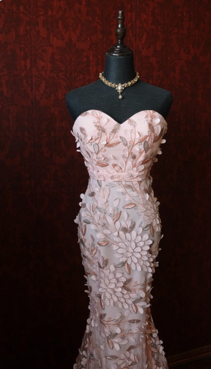 Sweet Pink Mermaid Sweetheart Neckline 3D Petal Tulle Long Prom Dress Evening Dress P4278