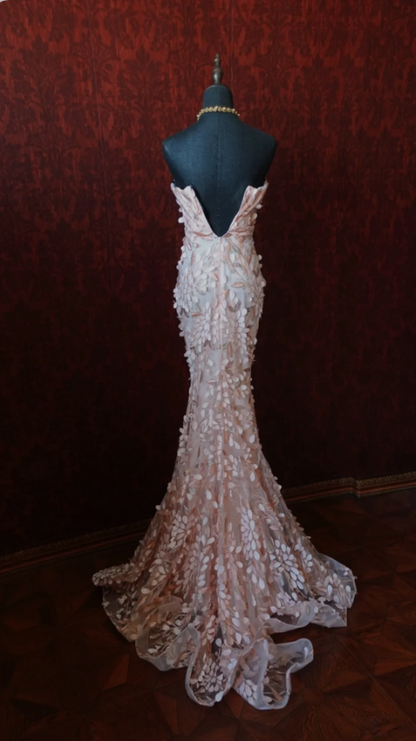 Sweet Pink Mermaid Sweetheart Neckline 3D Petal Tulle Long Prom Dress Evening Dress P4278