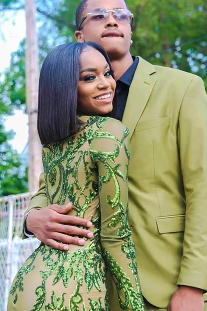 Green Sequins Prom Dresses,Sexy Mermaid Long-Sleeves Evening Gowns Y1456