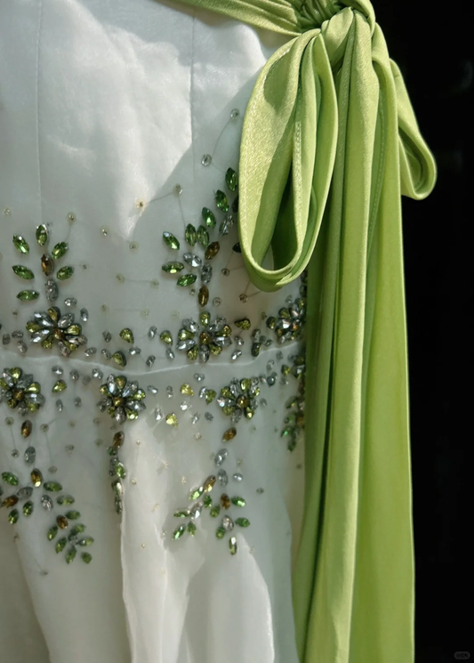 White halter neckline green diamond waist lace skirt mid-length dress homecoming dress R4899