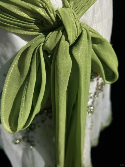 White halter neckline green diamond waist lace skirt mid-length dress homecoming dress R4899