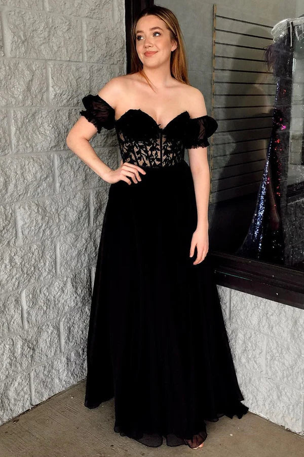 omberprom Elegant A line Sweetheart Chiffon Prom Dress with Puff Sleeves