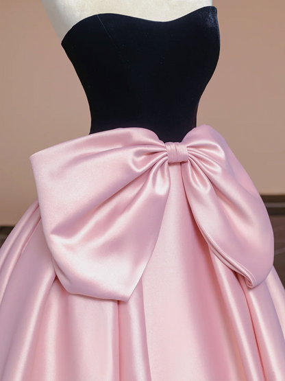 Black strapless bodice with a fitted waist and pink tulle skirt, a ball gown/bridal dress R8359