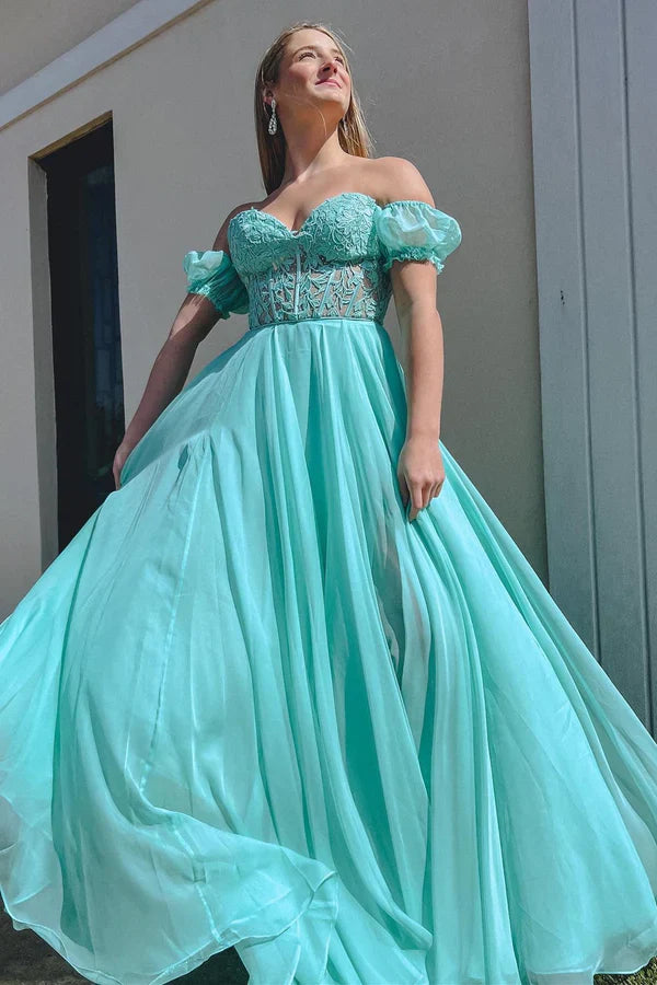 omberprom Elegant A line Sweetheart Chiffon Prom Dress with Puff Sleeves