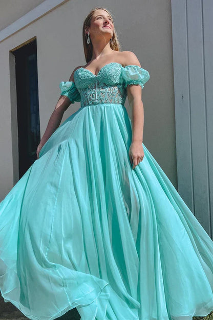 omberprom Elegant A line Sweetheart Chiffon Prom Dress with Puff Sleeves