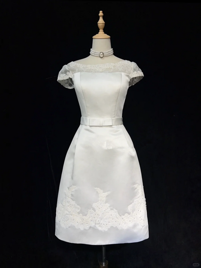 White satin waist slim A-line short skirt homecoming dress R4980