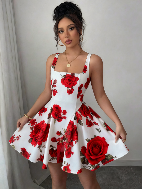 White background printed halter waist slim A-line short skirt homecoming dress R3210