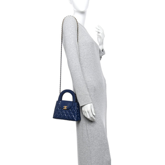 Shiny Aged Calfskin Quilted Nano Kelly Shopper Dark Blue