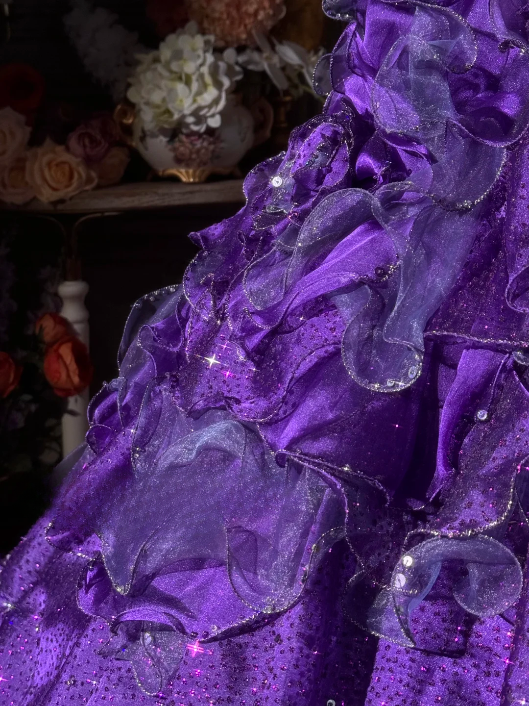 Vintage Purple One-Shoulder Ruffled Ball Gown Glitter Tulle Floral Embellished Formal Dress TP5130