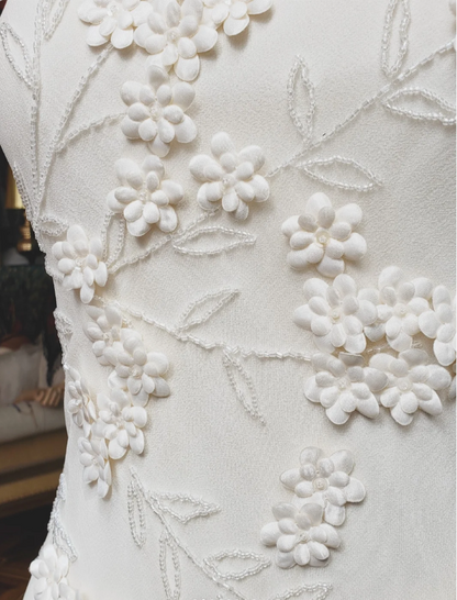 Elegant White Mermaid Spaghetti Strap U-neck 3D Foral Embroidery Chiffon Prom Dress Evening Dress P4280