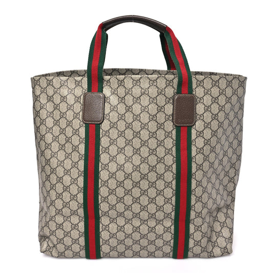 Tender GG Supreme Monogram Textured Dollar Calfskin Web Tote Beige Ebony New Acero