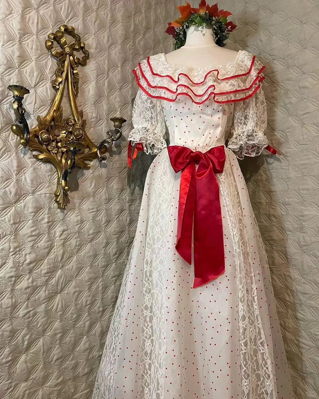 Retro White And Red Color-Blocked Ruffled Collar Polka Dot Bow Lace A-line Long Prom Dress Evening Dress P4281