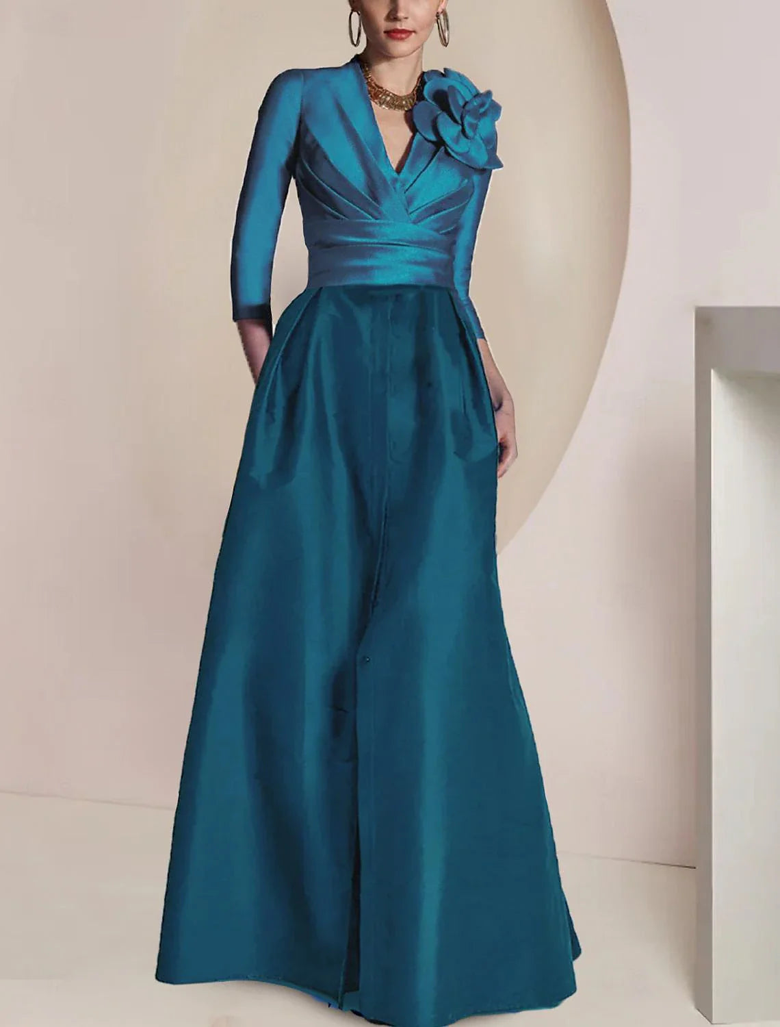 omberprom A-Line Long Mother of the Bride Dress Elegant V Neck 3/4 Length Sleeve Vintage Evening Party Dress with Ruched