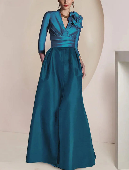 omberprom A-Line Long Mother of the Bride Dress Elegant V Neck 3/4 Length Sleeve Vintage Evening Party Dress with Ruched