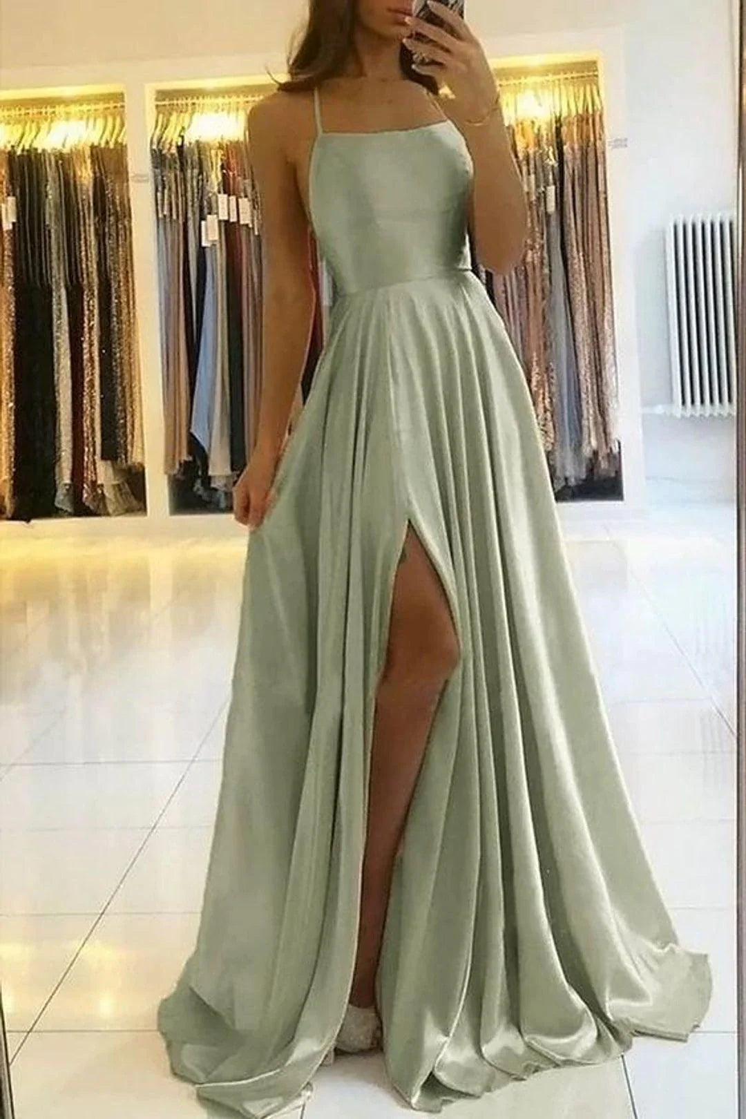 PM068,Sexy sage green cross back long satin prom dress evening dresses