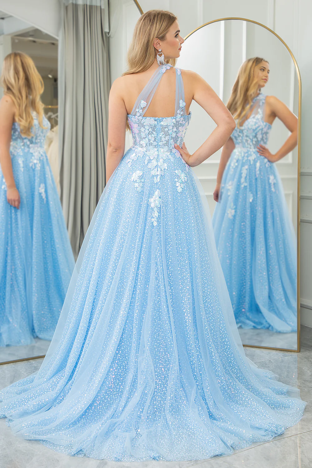 omberprom Prom Dress A Line One Shoulder Evening Dress Sparkly Sequin Tulle Light Blue With Appliques