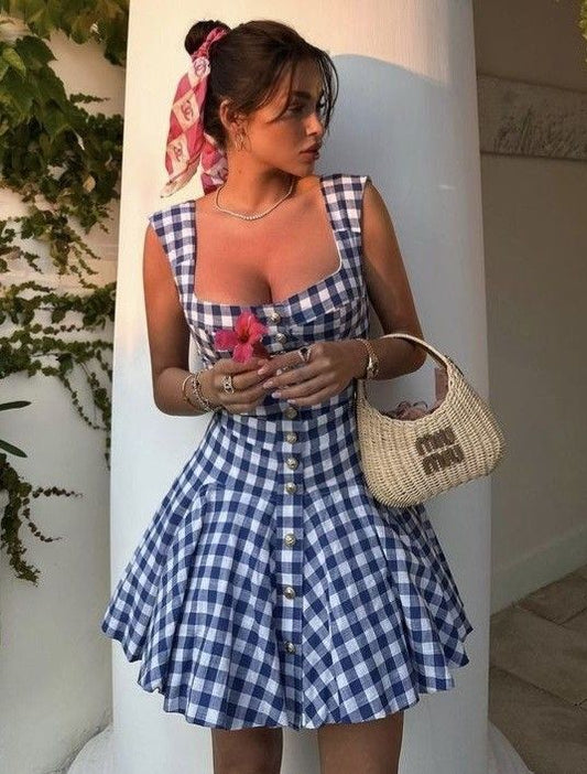 Blue and white checkered suspenders waist slim short skirt homecoming dress R3471