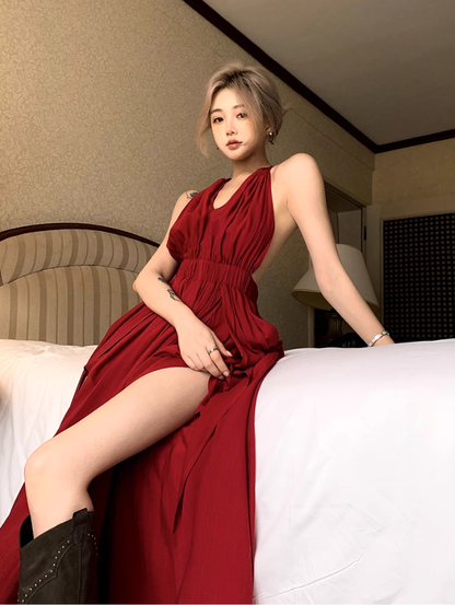 Fairy lace halter neck red dress holiday beach dress deep v backless slit long dress R1740