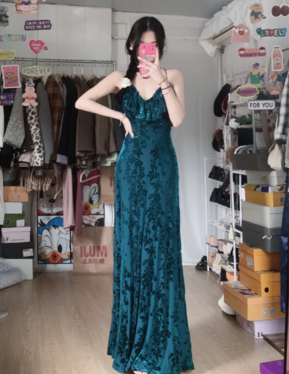 Vintage Court Dark Green V-Neck Ruffled Long Prom Dress Evening Dress P4287