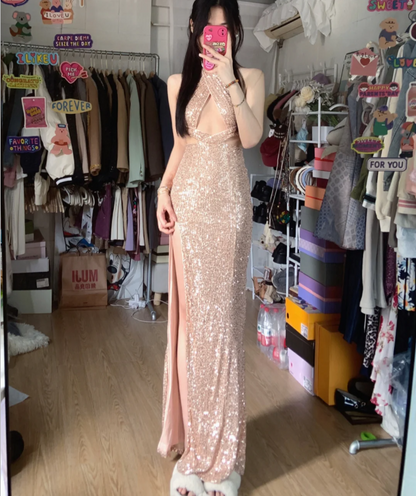 Sparkling Champagne Pink Halter Neck High Slit Sequined Long Prom Dress Evening Dress P4289