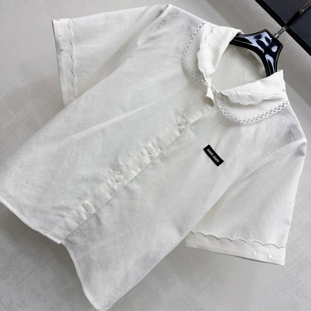 Miu SS26 Set Scalloped-Collar Shirt A-line Skirt White Cotton Linen 351916
