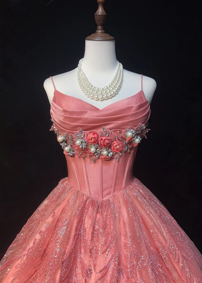 Pink halter chest 3D flower waist slim lace skirt design short skirt homecoming dress R4940