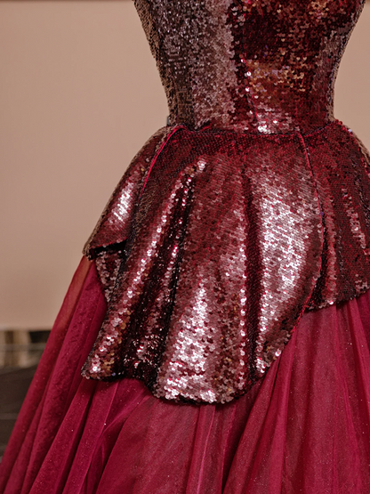 Deep red strapless, fitted waist sequined red ball gown with a full skirt, bridal dress R8360