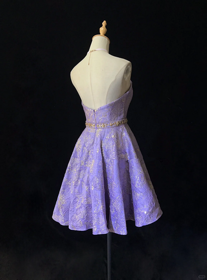 Purple pleated design strapless waist satin A-line skirt homecoming dress R4981