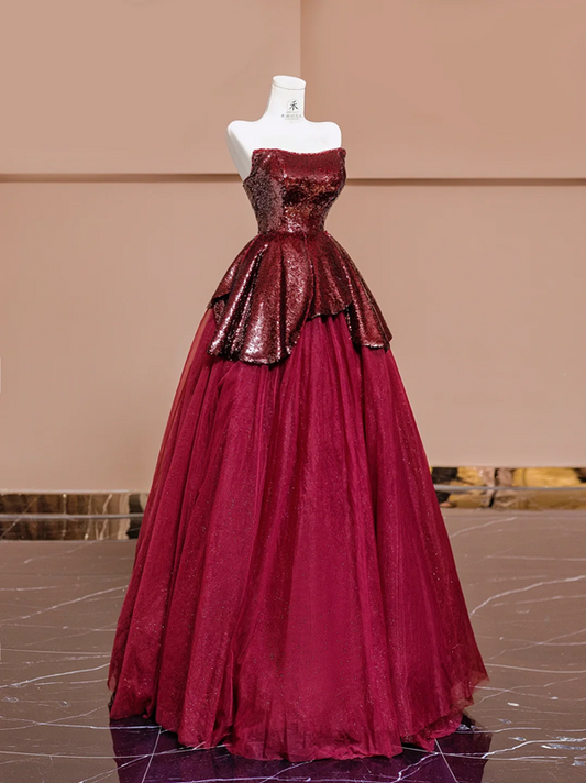 Deep red strapless, fitted waist sequined red ball gown with a full skirt, bridal dress R8360