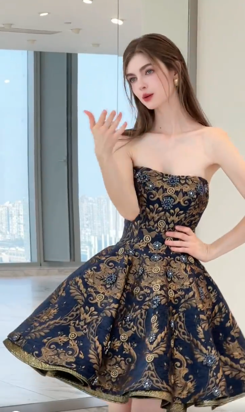 Retro blue short skirt with gold print waist and slimming fluffy skirt for homecoming dress R4210