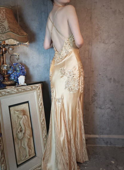 Retro Golden V-neck Sparkling Beaded Backless Design Elegant Satin Evening Dress Prom Dress TP4033