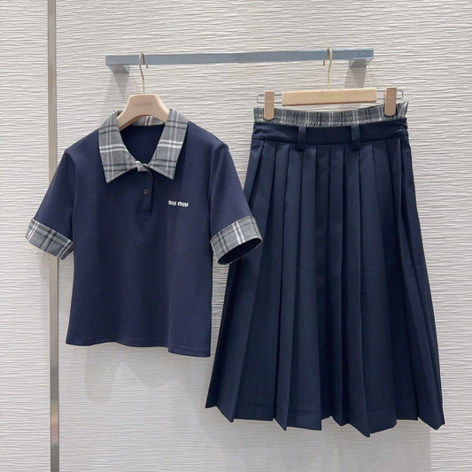 Miu SS26 Set Polo Shirt Pleated Skirt Navy Blue Polyester Cotton 351275