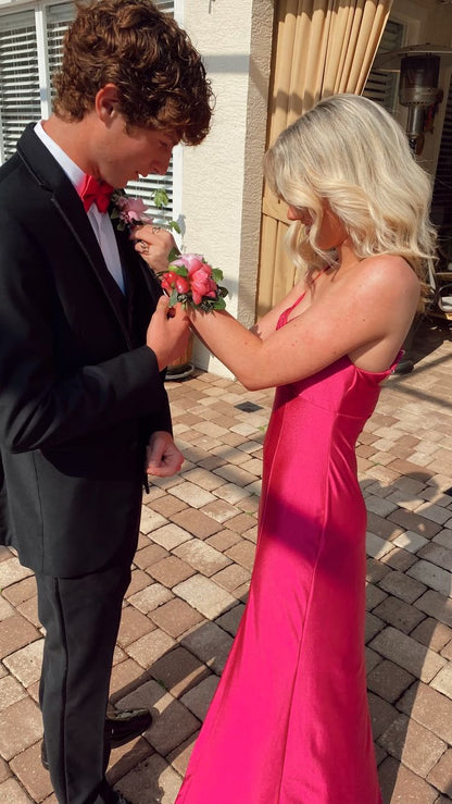 PM410,Hot Pink Bodycon Satin Evening Prom Dresses,V-Neck Long Sheath Party Prom Dress