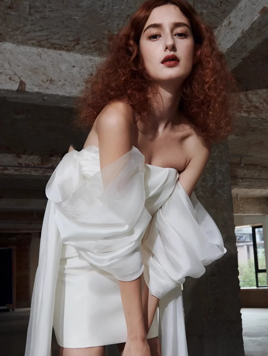 French white simple temperament banquet party short dress skirt homecoming dress R2975